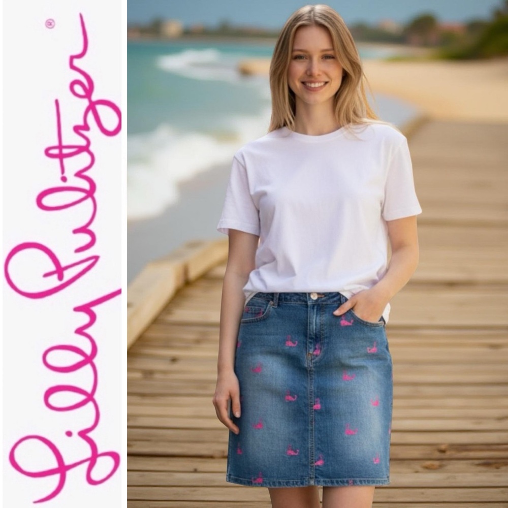 Lilly Pulitzer Denim Embroidered Whale Skirt Size 8